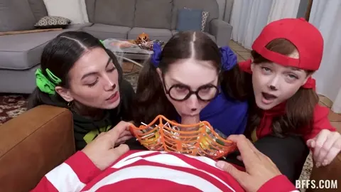 Three Friends Share a Big Cock for Halloween